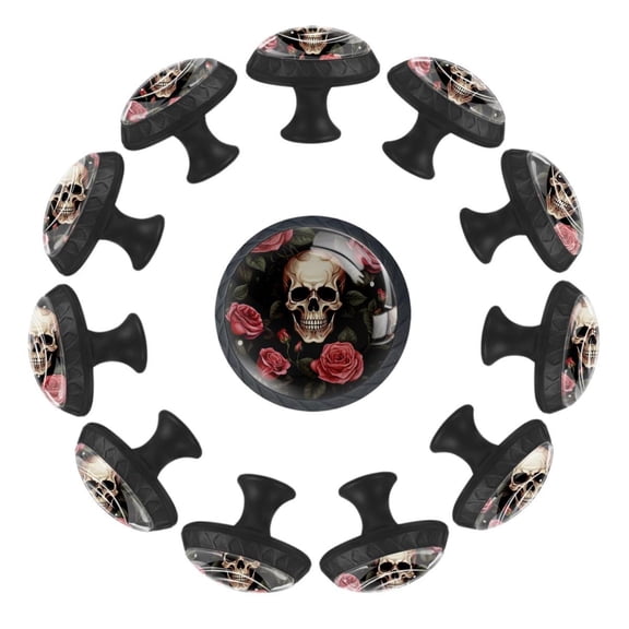 12 Pack Round Glass Drawer Knobs For Kitchen Cabinet With Screws, Skull with Roses Vintage Pattern Crystal Diamond Shaped Cupboard Knobs For Kitchen Office Bathroom
