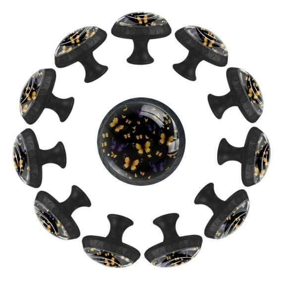 12 Pack Round Glass Drawer Knobs For Kitchen Cabinet With Screws, Warecolor Yellow Purple Butterflies Black Background Crystal Diamond Shaped Cupboard Knobs For Kitchen Office Bathroom