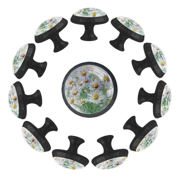 12 Pack Round Glass Drawer Knobs For Kitchen Cabinet With Screws, Watercolor Chamomile Flowers Crystal Diamond Shaped Cupboard Knobs For Kitchen Office Bathroom
