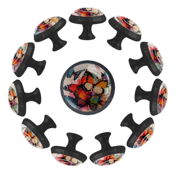 12 Pack Cupboard Knobs Crystal Clear Glass Cabinet Pulls, Round Knobs With Screws, Dresser Drawers Wardrobe Furniture Knobs Watercolor Colorful Butterflies Retro Style