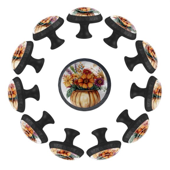 12 Pack Round Glass Drawer Knobs For Kitchen Cabinet With Screws, Watercolor Pumpkin Bouquet Colorul Flowers Crystal Diamond Shaped Cupboard Knobs For Kitchen Office Bathroom