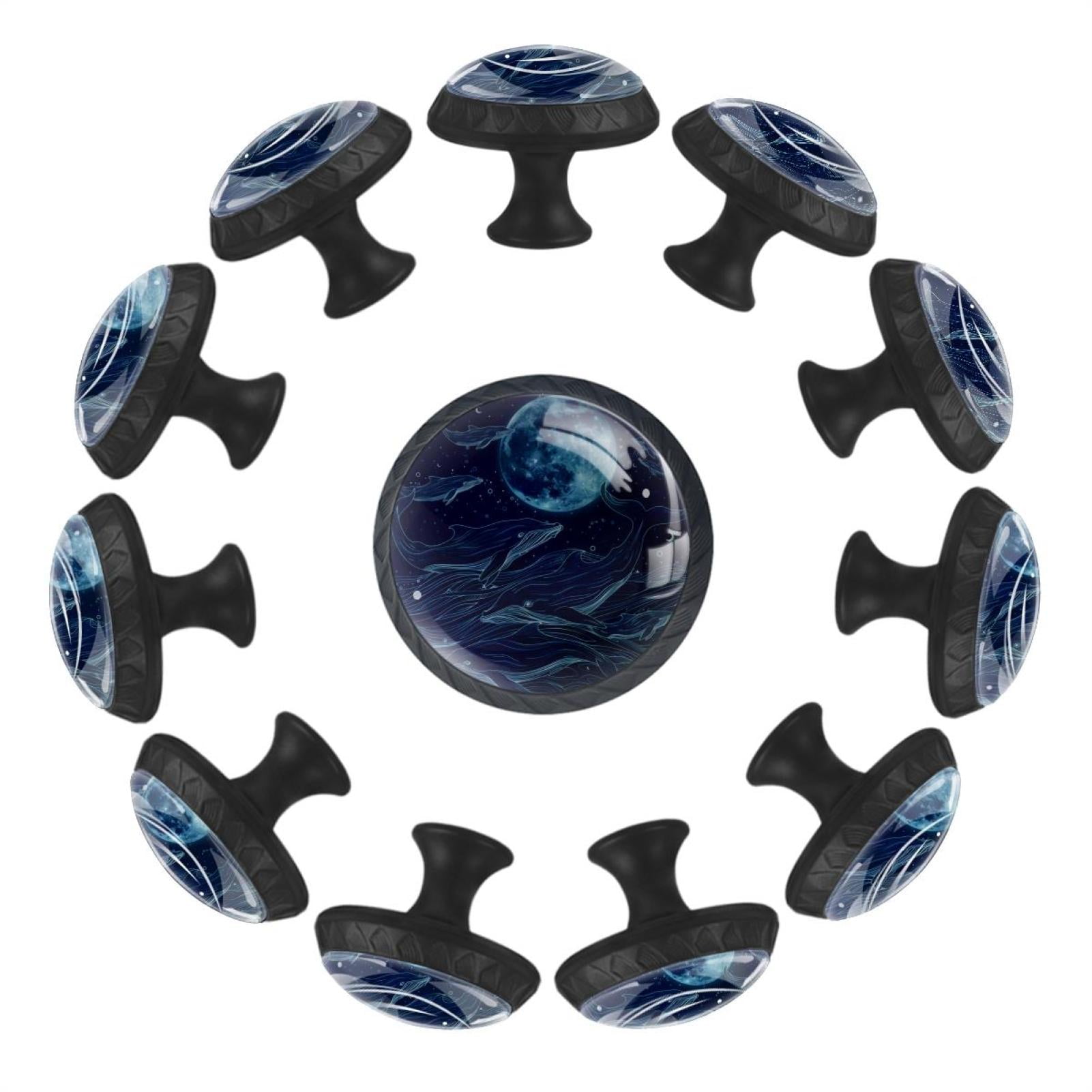 12 Pack Round Glass Drawer Knobs For Kitchen Cabinet With Screws, Whales and Moon Blue Color Art Pattern Crystal Diamond Shaped Cupboard Knobs For Kitchen Office Bathroom