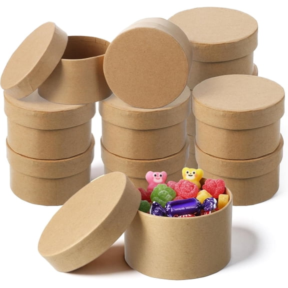 12 Pack Round Paper Mache Box with Lid - 3.37" Diameter x 1.97" Height - DIY Craft Nesting Boxes for , Storing, Decoupaging & Painting | Brown Paper Craft Boxes