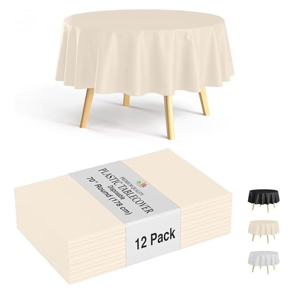 12-Pack Round Plastic Tablecloth Disposable – Size: 70 Inches – Round Plastic Table Cloths for Parties, Picnics & Formal Events