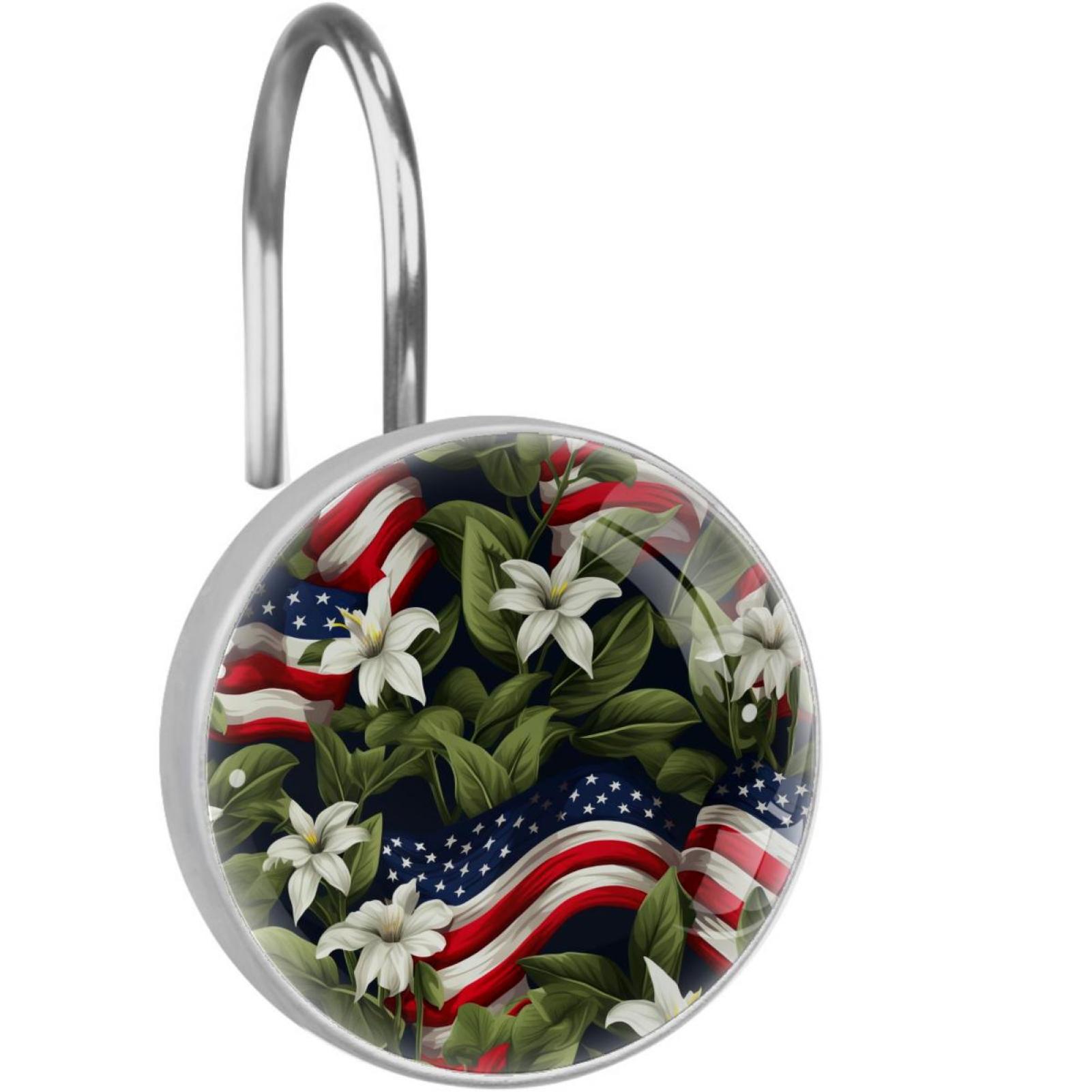 12 Pack Round Shower Curtain Hooks Crystal Glass Shower Rings American Flag and Plants Curtain Hooks Home Decoration