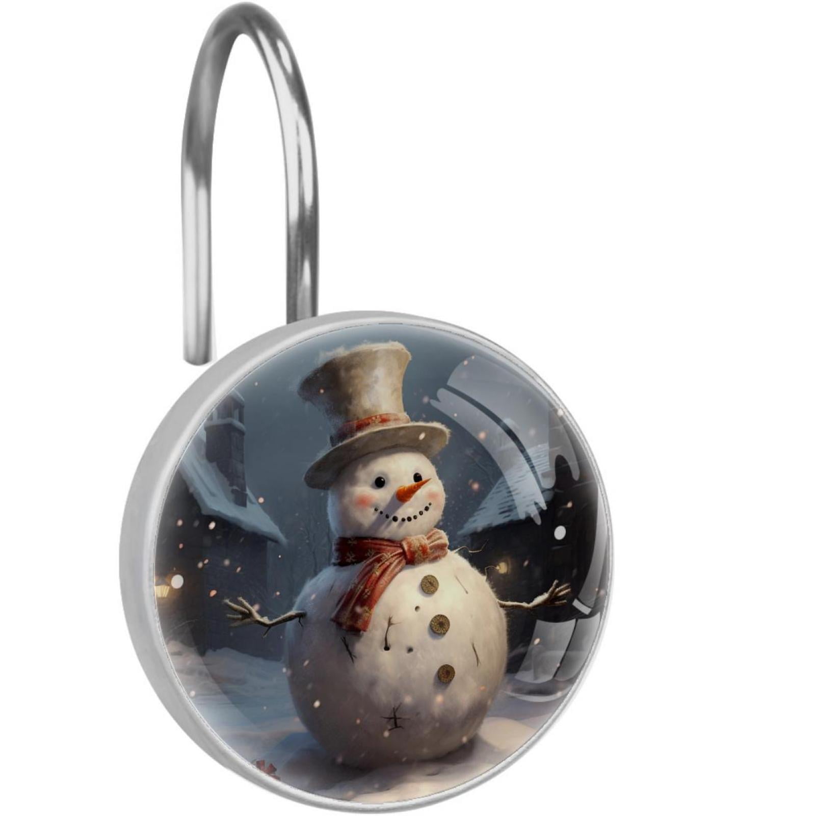 12-Pack Christmas Snowman Shower Curtain Hooks - Festive Resin & Metal Rings For Holiday Decor