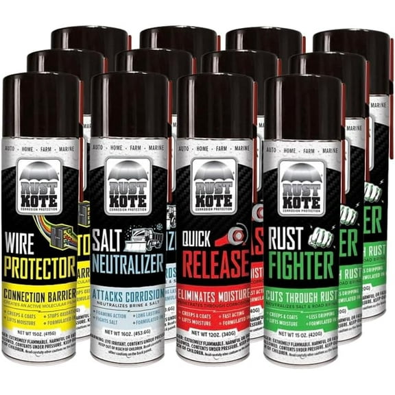 12 Pack - RustKote - Mixed Case of Aerosol cans - 3 Rust Fighter (15oz), 3 Salt Neutralizer (16oz), 3 Quick Release (12oz), 3 Wire Protector (15oz). Corrosion Protection Products