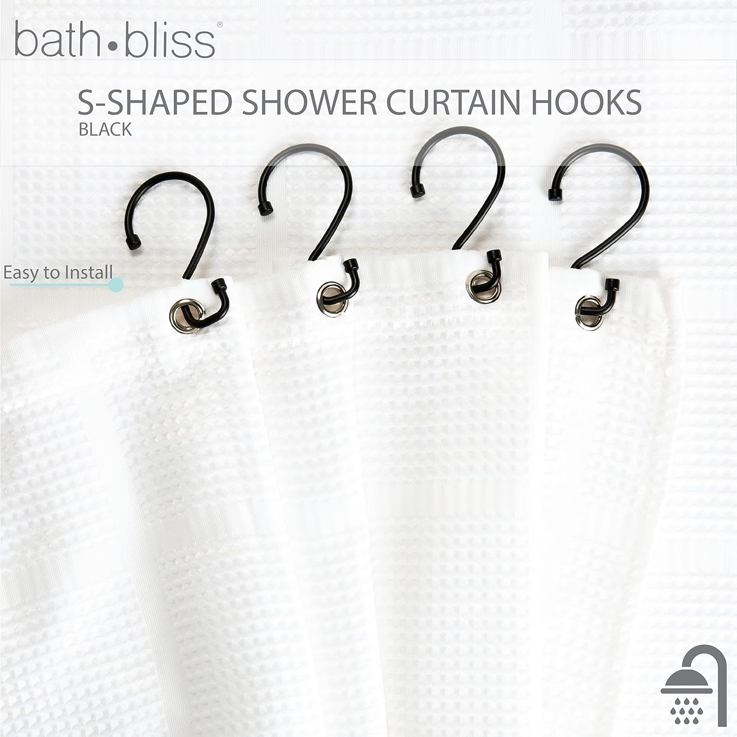 Bath Bliss Matte Black S-Hook Shower Curtain Rings - Pack Of 12, Easy Glide, Multi-Use Hooks