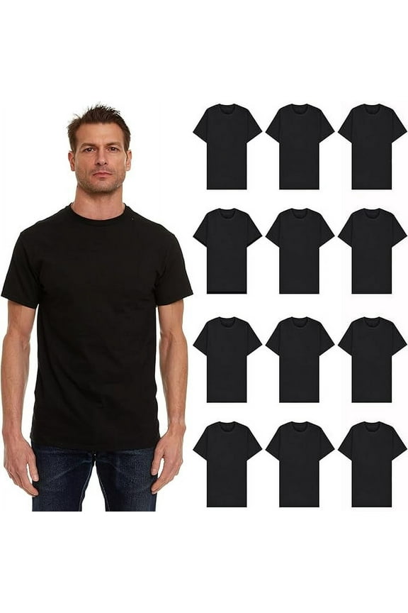 12 Pack SOCKS'NBULK Mens Cotton Crew Neck Sleeve T-Shirts Black Large