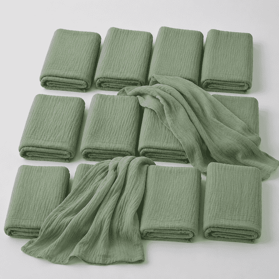 12 Pack Sage Green Cheesecloth Table Runners Rustic Gauze Bulk Set for Wedding Reception, Woodland Shower, Garden Party, or Boho Spring Event Decor