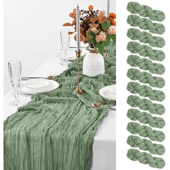 12 Pack Sage Green Table Runner, 10FT Cheesecloth Table Runner Long Romantic Semi Sheer Rustic Boho Gauze Table Runners for Wedding Bridal Shower Birthday Party Decorations(21.5×120 Inch)
