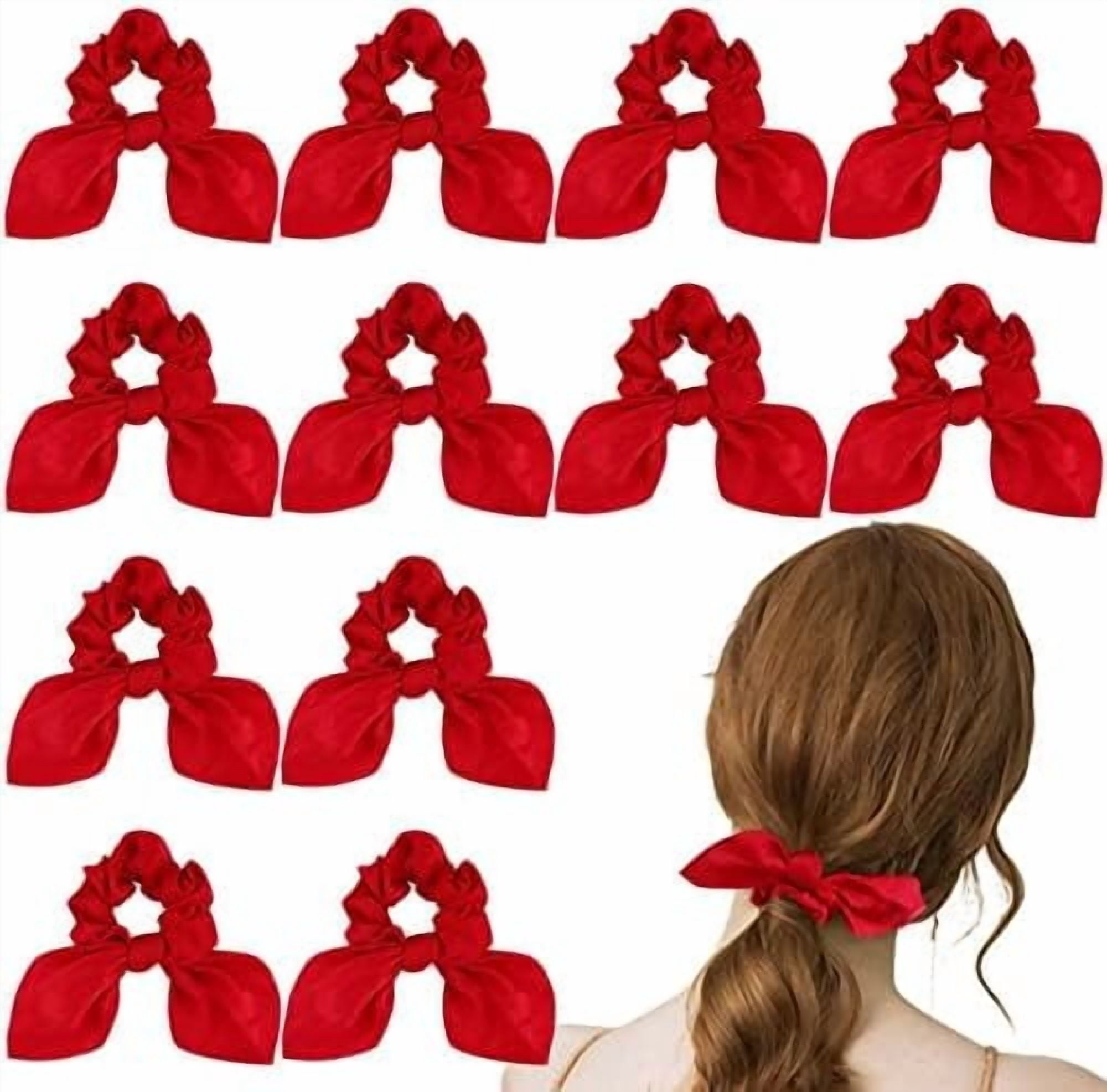 12 Pack Satin Scrunchies with Tails - Bow Hair Accessories for Thick Hair, Red Bunny Ear Hair Ties for Girls