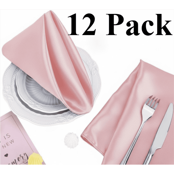 12 Pack Satin Table Cloth Napkins, 17x17 Inch Blush Pink Silky Wedding Napkins Cloth Washable, Luxury Dining Table Cloth Napkins Set for Birthday Holiday Party Dinner Restaurant