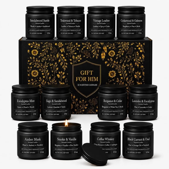 12 Pack Scented Candles for Men, Masculine Soy Candle Gift Set, 3.5 oz Each, Woody Leather Tobacco Coffee & Amber Scents, Gifts for Men Dad Husband Boyfriend