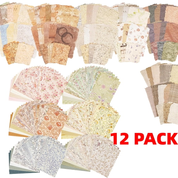 12 Pack Scrapbook Paper, 408 Sheets Vintage Floral 3D Embossed Textured Printed Craft Paper for Scrapbooking, Junk Journal Supplies