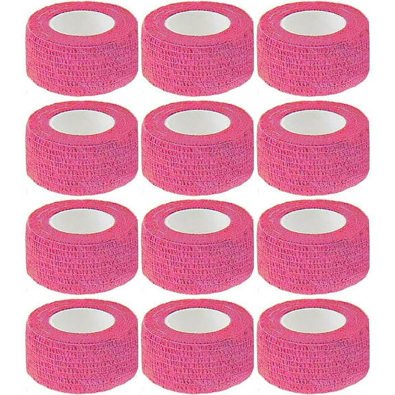 12 Pack Self Adherent Bandage Wrap, 1 Inch 5 Yards Athletic Elastic Non Woven Cohesive Flex Tape, for Stretch, Sport, First Aid Medical, Wrist, Ankle Sprains, Swelling and Vet Wrap Supplies (Pink)