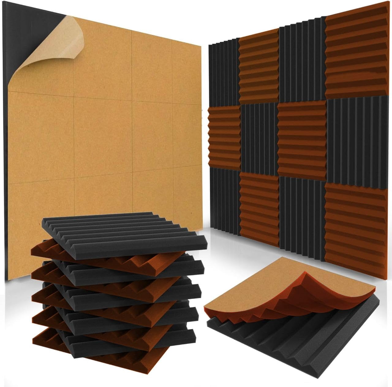 12 Pack Self-Adhesive Acoustic Panels 1 X 12 X 12 Inches - Acoustic Foam - Studio Foam Wedges - High Density Panels - Soundproof Wedges - Charcoal