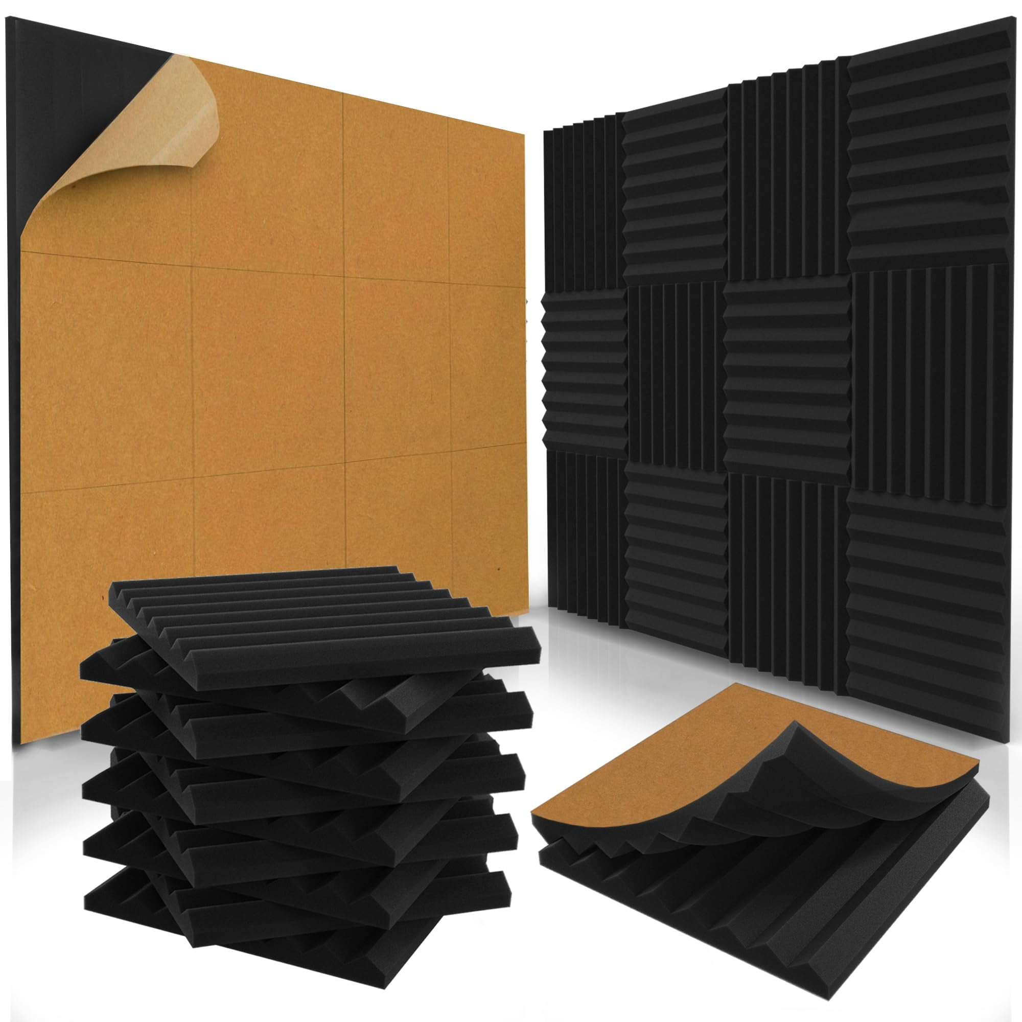 12 Pack Self-Adhesive Acoustic Panels 1 X 12 X 12 Inches - Acoustic Foam - Studio Foam Wedges - High Density Panels - Soundproof Wedges - Charcoal