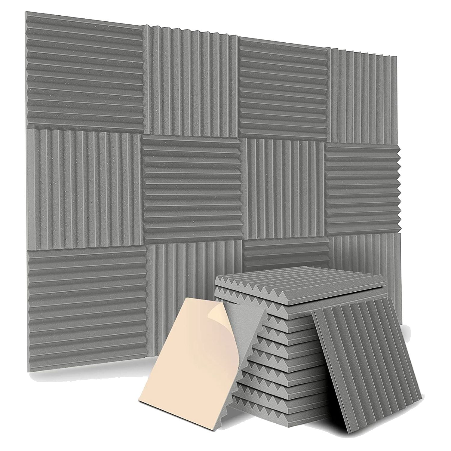 16 Pcs Pro Grade Soundproof Wall Panels,Acoustic Panels,Premium Sound Panels,Better  than Foam,Wedge Design,with Adhesive on Back,For Acoustical  Treatments/Professional Studio,12×12×0.4 in(Light grey) 
