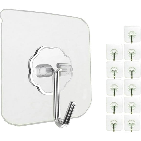 12 Pack Self Adhesive Hooks Heavy Duty - 33lb Max, Transparent, Waterproof, Sticky Wall Hooks for Keys, Bathroom, Shower, Outdoor, Kitchen, Door, Home Improvement, Utility