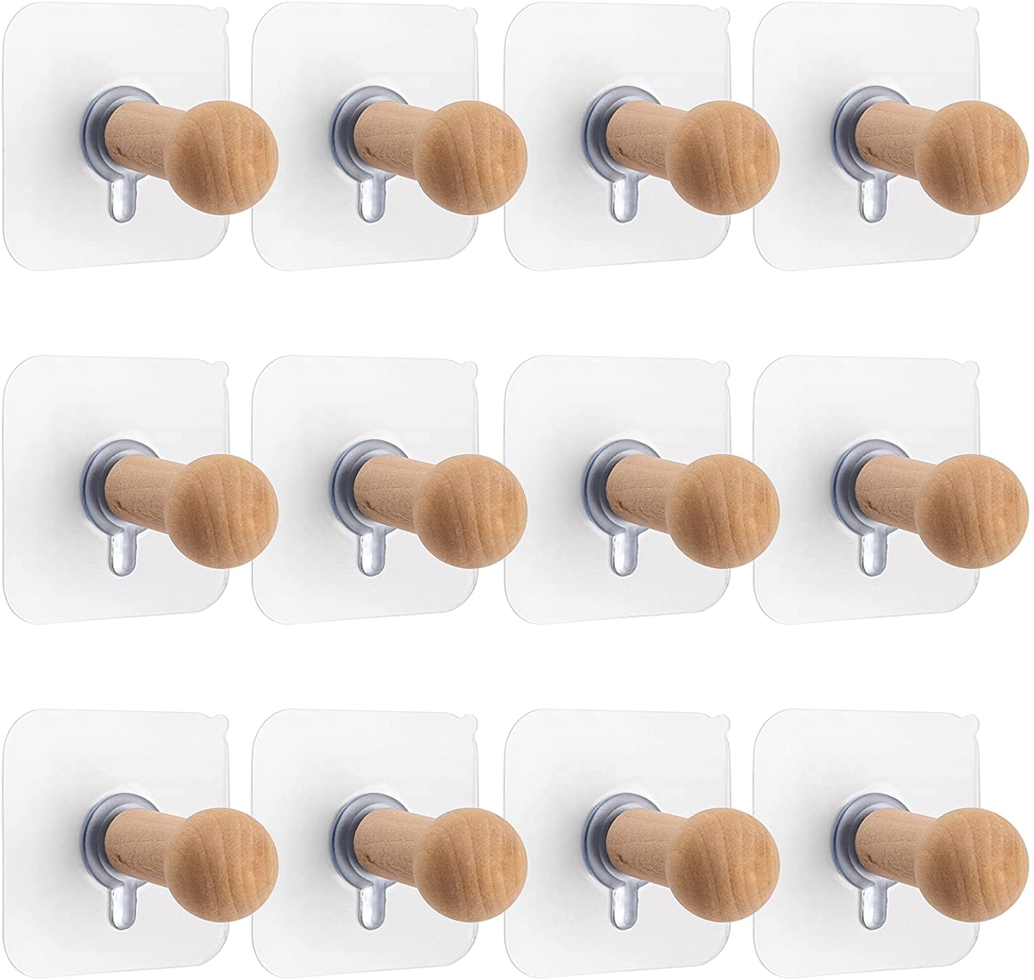 12 Pack Self Adhesive Hooks with Wood Pegs, Handmade Hat Hanger