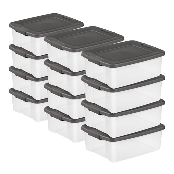 12-Pack ShelfTote, Clear Plastic Storage Bins with Lids, 25 Quart, Gray, Stackable Organizing Container Boxes for Closet, Bathroom, and Office