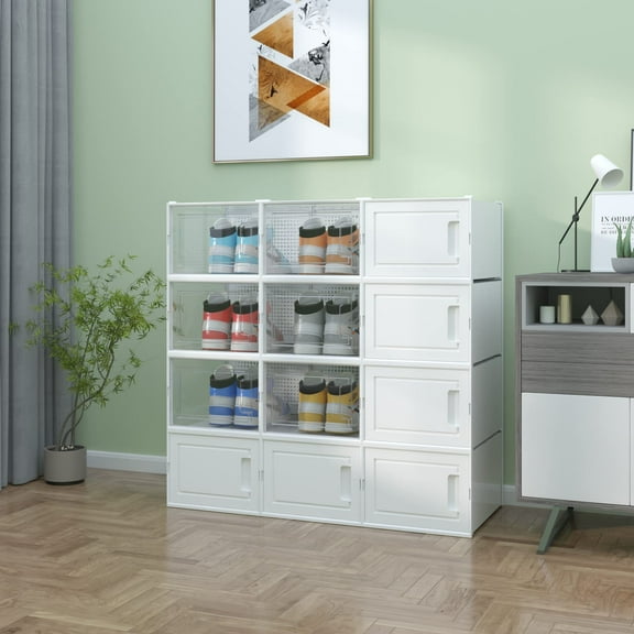 12 Pack Shoe Box Stackable Storage Sneaker Storage Box,Clear and White