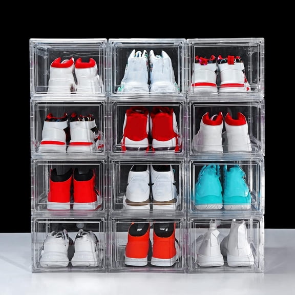 12 Pack Shoe Boxes, Clear Acrylic Plastic Shoe Boxes Stackable, Space-Saving Foldable Drop Front Shoe Storage Boxes Container for With Lids Fits Up to Size 15 (Transparency)
