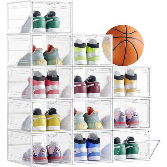 12 Pack Shoe Boxes Stackable, Storage Boxes with Clear Magnetic Door,Multifunctional Sneaker Organizer Fit up to US Size 12 (13.8”x 9.84”x 7.1”)
