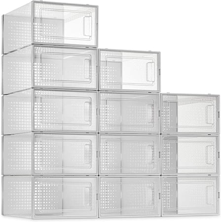12 Pack Shoe Storage Boxes, Clear Plastic Stackable Shoe Organizer Bins, Drawer Type Front Opening Shoe Holder Containers