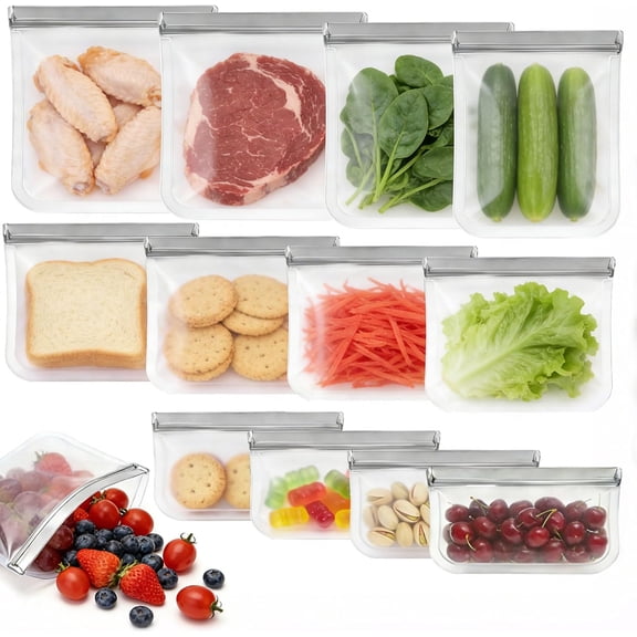12 Pack Silicone Bags for Food Storage,Reusable Silicone Food Storage Bags,Freezer, Microwave & Dishwasher Safe,Reusable Freezer Food Bags, Leakproof-4 Gallon 4 Snack 4 Sandwich Bags,Grey