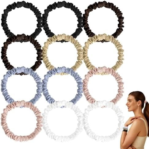 12 Pack Silky Soft Skinny Hair Ties, Silk-Like No  Scrunchies Elastic Ponytail Bands for Women Girls, Thin Thick Curly Hair
