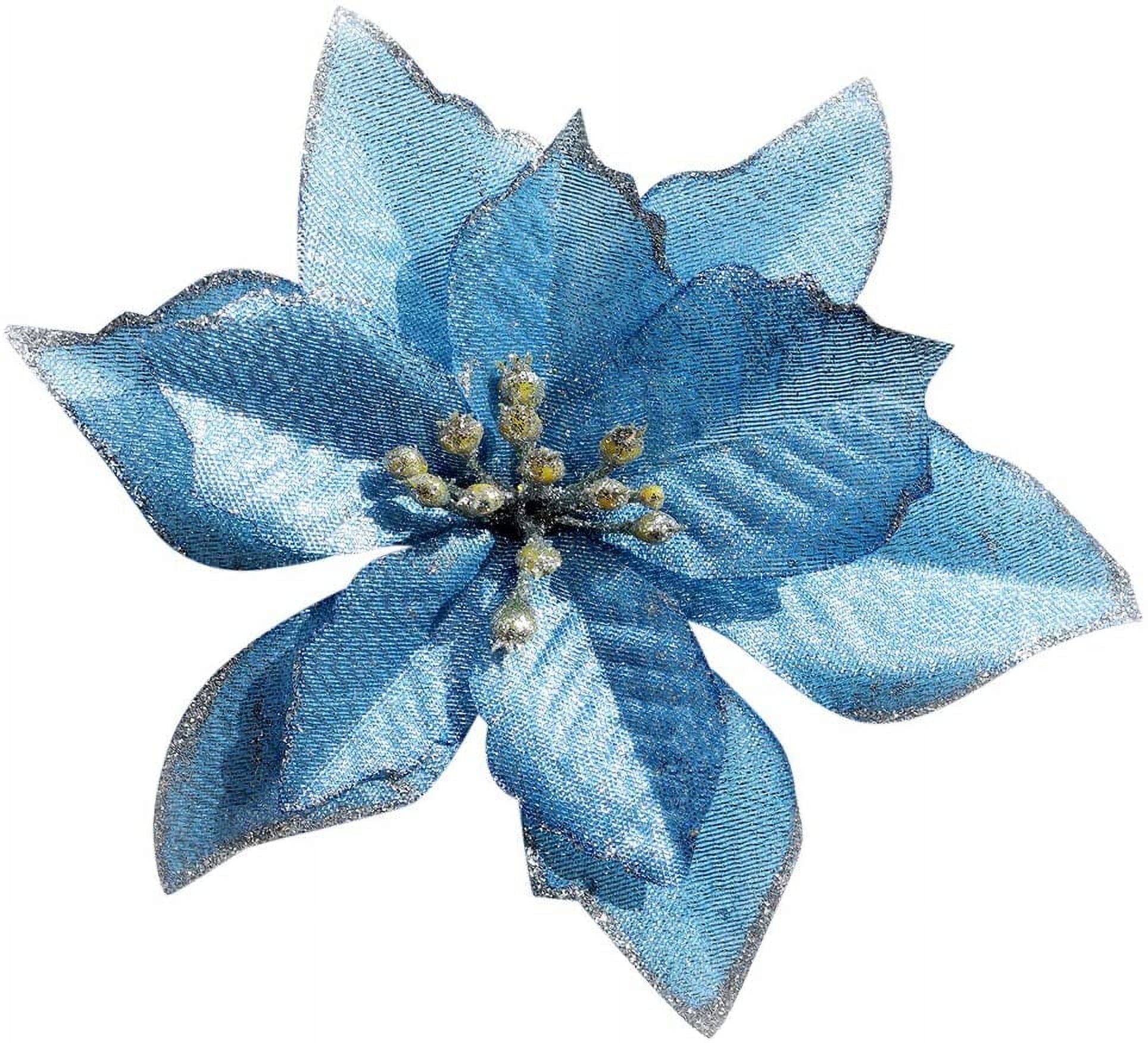 12 Pack Silver Christmas Glitter Poinsettia Flowers Decorative Artificial Poinsettia Flowers - Blue