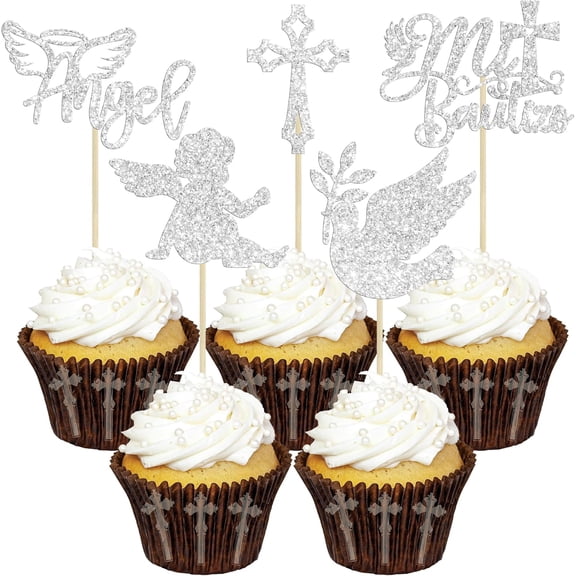 12 Pack Silver Glitter Baptism Cupcake Toppers, "Angel" & "Mi Bautizo" Party Picks Decorations