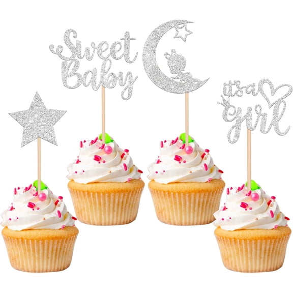 12 Pack Silver Glitter It's a Girl Baby Shower Cupcake Toppers, Sweet Baby Moon Star Picks for Gender Reveal Girl Baby Shower Party Cake Decorations Supplies