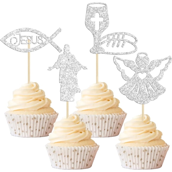 12 Pack Silver Glitter "Jesus Fish" Cupcake Toppers, Religious Party Picks Decorations