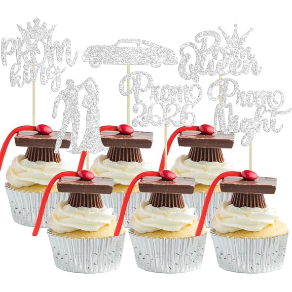 12 Pack Silver Glitter Prom 2026 Cupcake Toppers, Prom King Queen Night Party Picks Decorations