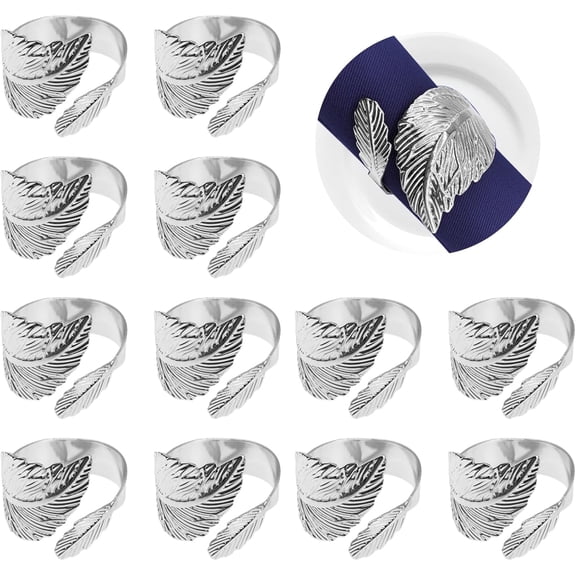 12 Pack Silver Leaf Napkin Rings, Metal Leaf Napkin Holders for Table Setting, Wedding, Christmas, Thanksgiving, Halloween, Birthday and Party Decor