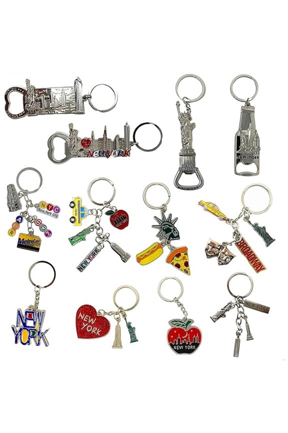 12 Pack Silver NYC Souvenir Keychain Collection, New York Metal Keychain Ring Bundle, Bulk, Includes 4 Pc Bottle Opener