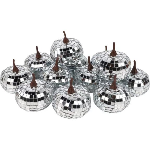 12 Pack Silver Pumpkin Fall Decor | Foam Glitter, Mini Disco Pumpkins for Decorating, Artificial Crafts for Table Party, Halloween Thanksgiving Decorations