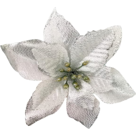 12 Pack Silver Xmas Glitter Poinsettia 5.1 inch Artificial Flowers Christmas Tree Ornaments