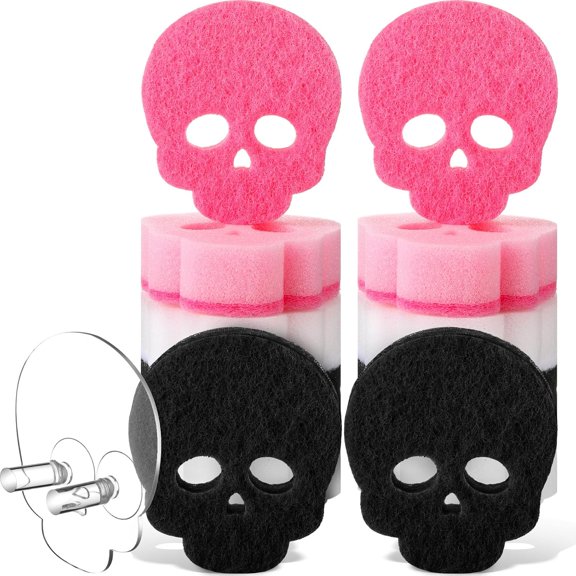 12 Pack Skull Kitchen Sponges and 1 Pack Sponge Holder Multifunctional Dual Sided Skull Scrubber Sponges Spooky Non Scratch for Gothic Kitchen Accessories Dish Scouring