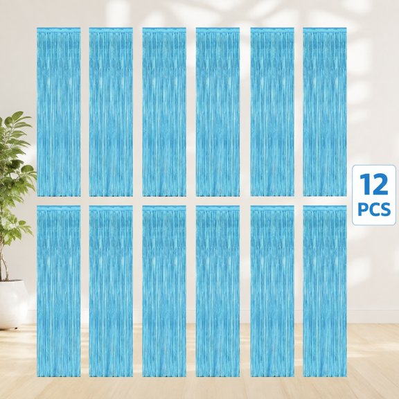 12 Pack Sky Blue Metallic Foil Streamer Curtains, 3.28 FT x 7.05 FT Light Blue Fringe Backdrop for Winter Wonderland Birthday Party