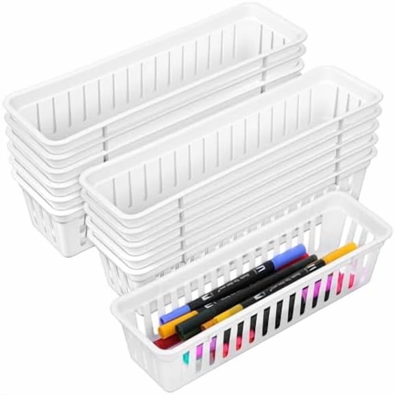 12 Pack Slim Plastic Storage Baskets Tray for Organizing 10.23 X 2.36 X2.28 Inch Stackable Small Narrow Storage Bins White Pencil Organizer Basket for Classroom Office Desk Garage Cabinet Containers