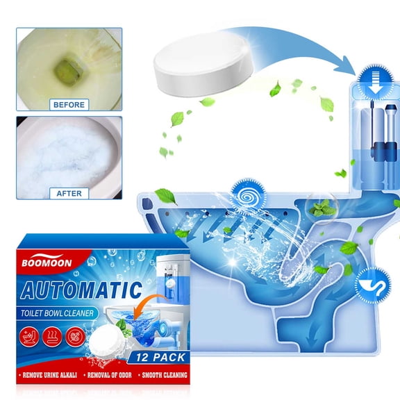 12 Pack Slow Release Automatic Toilet Bowl Cleaner Tablets, Bleach Formula for Limescale Rust Urine Stain Odor Removal, Long Lasting Fresh Deodorizer Safe for Septic Household Toilet Tank Cleaning