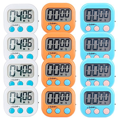 Compact Digital Kitchen Timer Set with Magnetic Back, 12-Pack, White, Blue, Orange