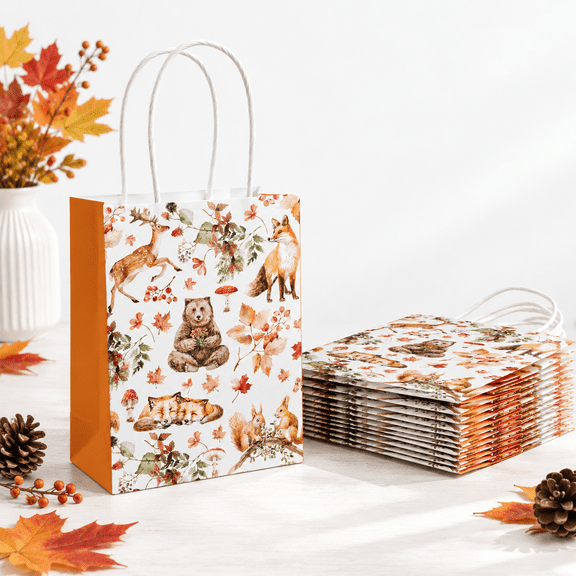 12 Pack Small Fall Paper Gift Bags with Woodland Animal and Maple Leaf Design