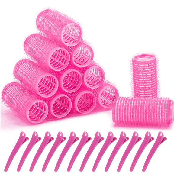 12-Pack Small Hair Rollers with Clips for Volume, Self-Grip Velcro Curlers for Bangs & Short Hair, Pink