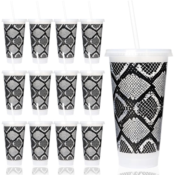 12 Pack Snake Print Cups with and Straws 24 oz Plastic Tumblers Bulk Snakeskin Party Cups for Birthday Halloween Fashion Theme Party Supplies