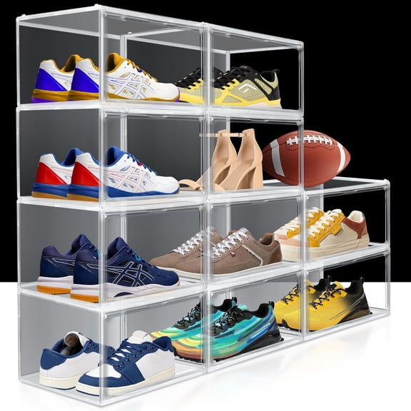 12 Pack Sneaker Boxes Clear Plastic Stackable Shoe Box Size 12.5, Transparent Display Case with Magnetic Acrylic Door, Dustproof Storage Bins for Closet, Over the Door Organizer
